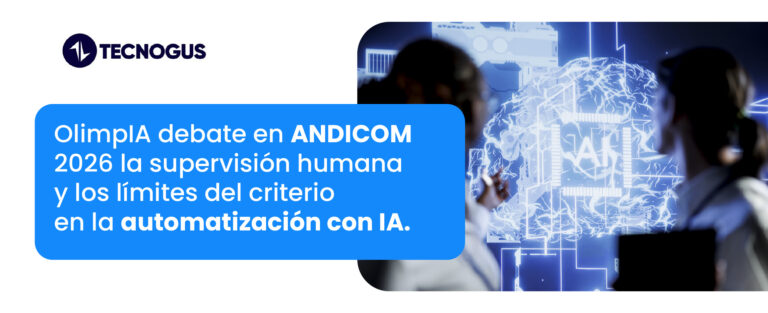 Dos profesionales observan una representación digital de un cerebro de inteligencia artificial, junto al titular de la nota de Tecnogus sobre la participación de OlimpIA en ANDICOM 2026