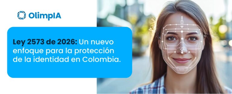 Mujer con trazado de reconocimiento facial, portada del ebook Ley 2573 de 2026 de OlimpIA