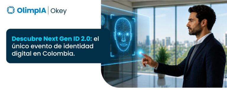 Persona interactuando con una pantalla de reconocimiento facial, imagen del evento Next Gen ID 2.0 de OlimpIA