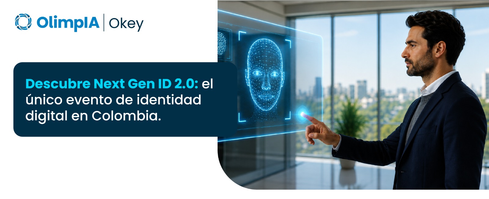 Persona interactuando con una pantalla de reconocimiento facial, imagen del evento Next Gen ID 2.0 de OlimpIA